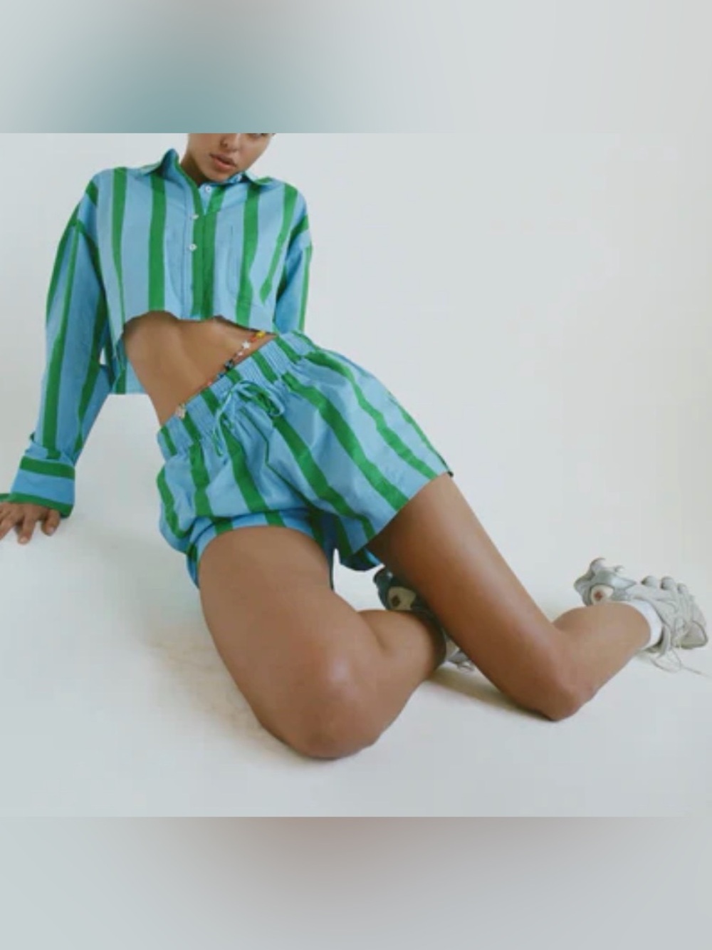 NIA Austin Cropped Button-Front short  Set in Light Blue and Green Stripes